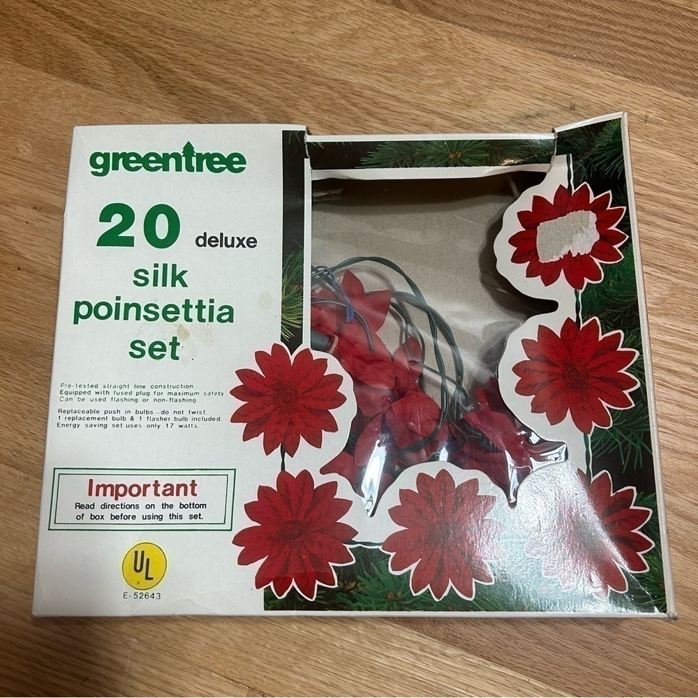 Vintage Silk Poinsettia String Light Set 20 Red Christmas Decoration